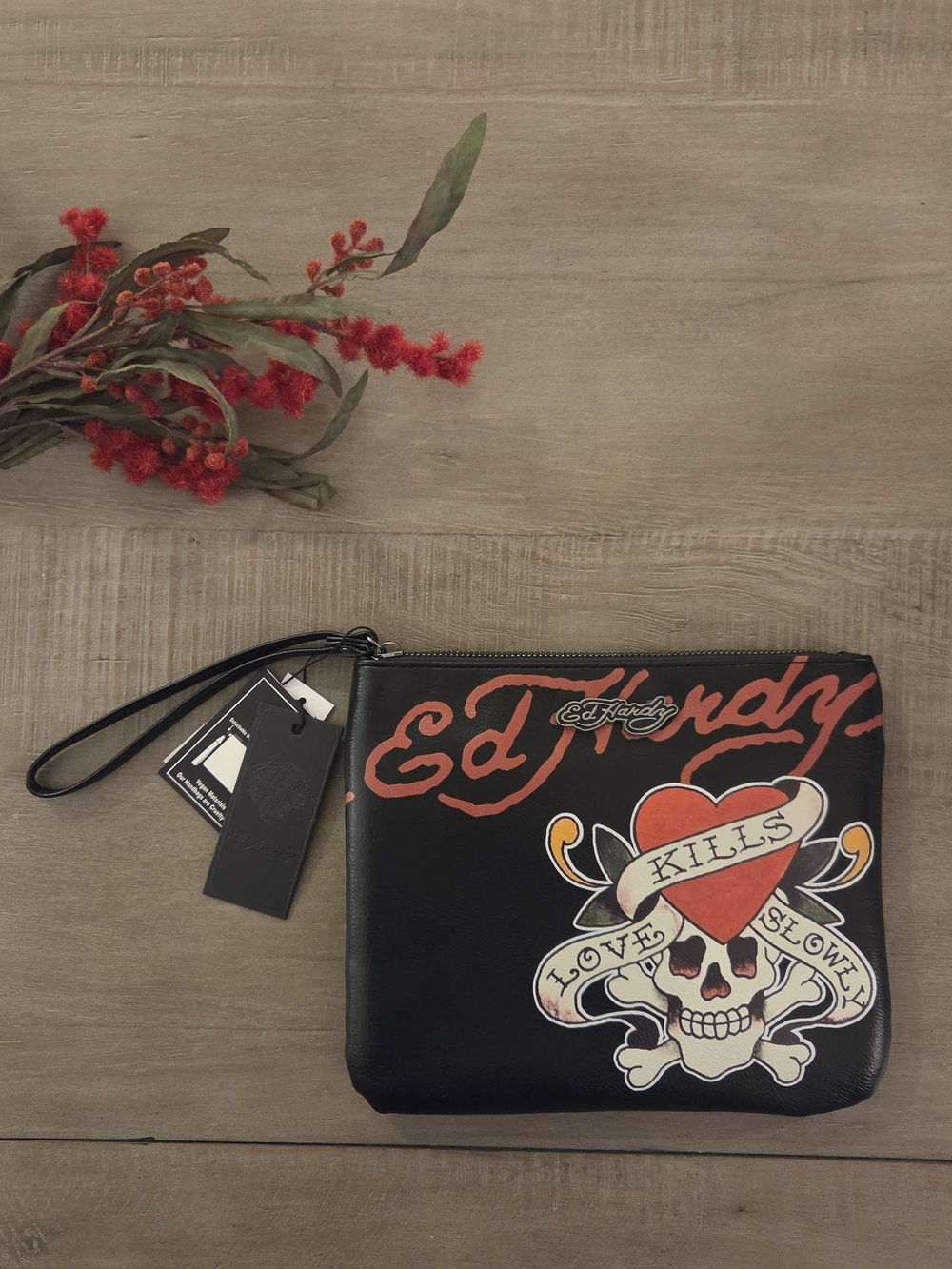 Ed Hardy Black Skull & Heart Wristlet Clutch/Pouch